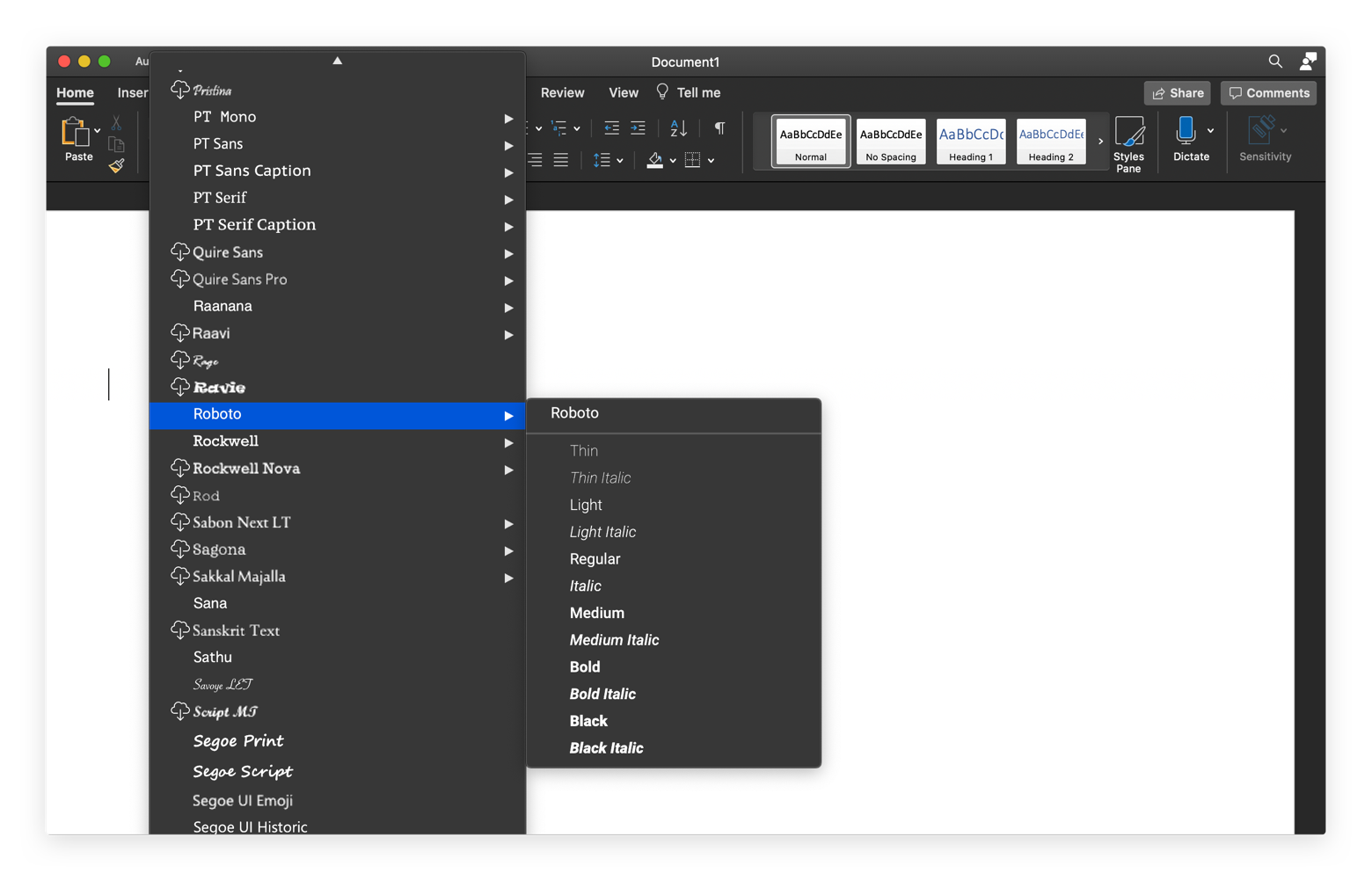 set font in word template for mac